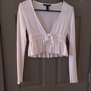 Forever 21 Cream Ribbed Tie-Front Crop Top
